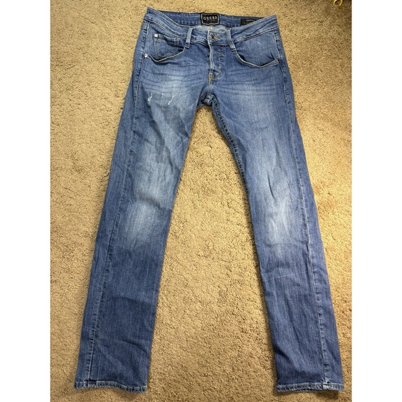 Guess Other - Guess Vermont Slim Straight Jeans Men 29 Blue Distressed‎ Button Fly Low Rise
